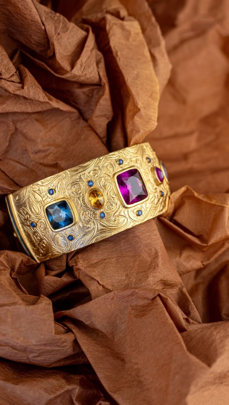 Multi-Gemstone Embossed Gold Cuff